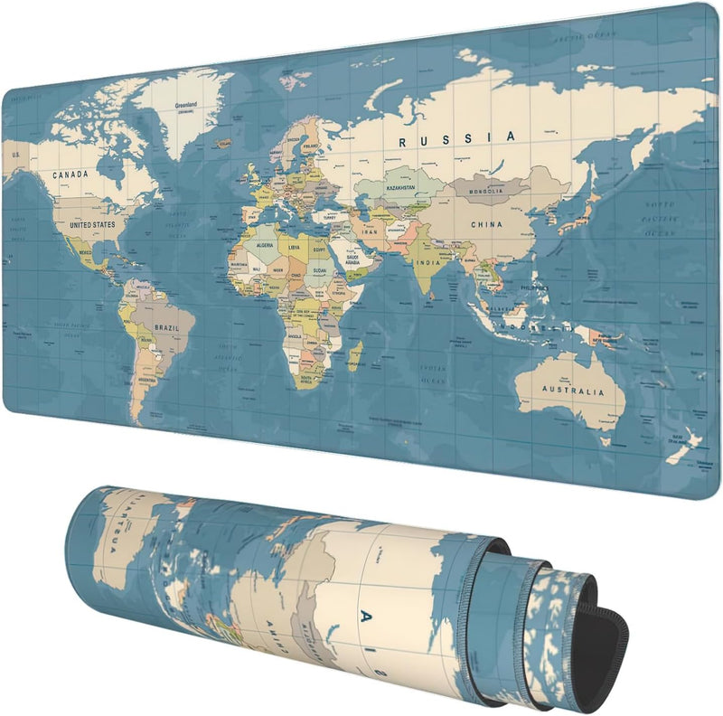 Desk Mat, Field Landscape Oil Painting Extended Gaming Mouse Pad Large, 31.5"x11.8" Big Mouse Pad with Non-Slip Base and Stitched Edge, Long Computer Keyboard Mouse Mat for Home Office Work - 89.9 x 39.9 Ø³Ù Blue Vintage World Map