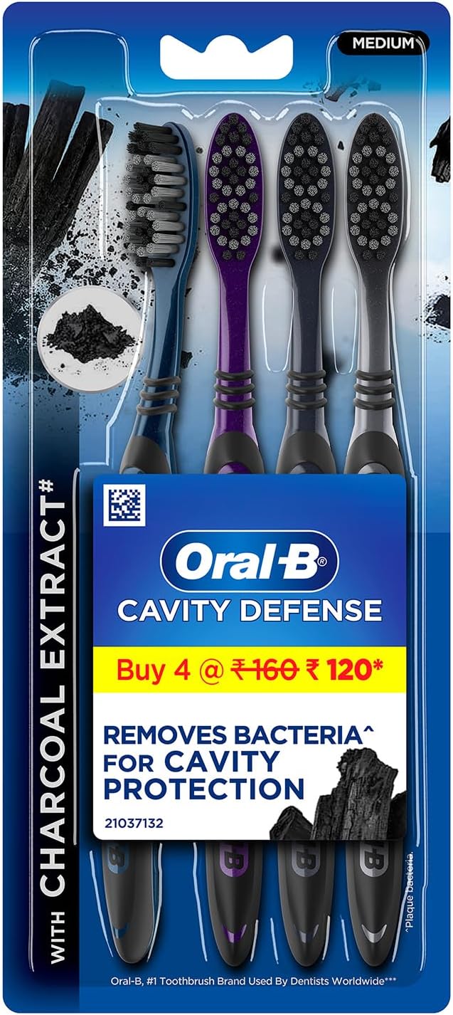 Cavity Defense Deep Clean + Whitening Toothbrush with Charcoal Extract Bristles, Tongue Cleaner and Hygienic Head Caps, MEDIUM, Pack of 4. - black 1 count (Pack of 4)