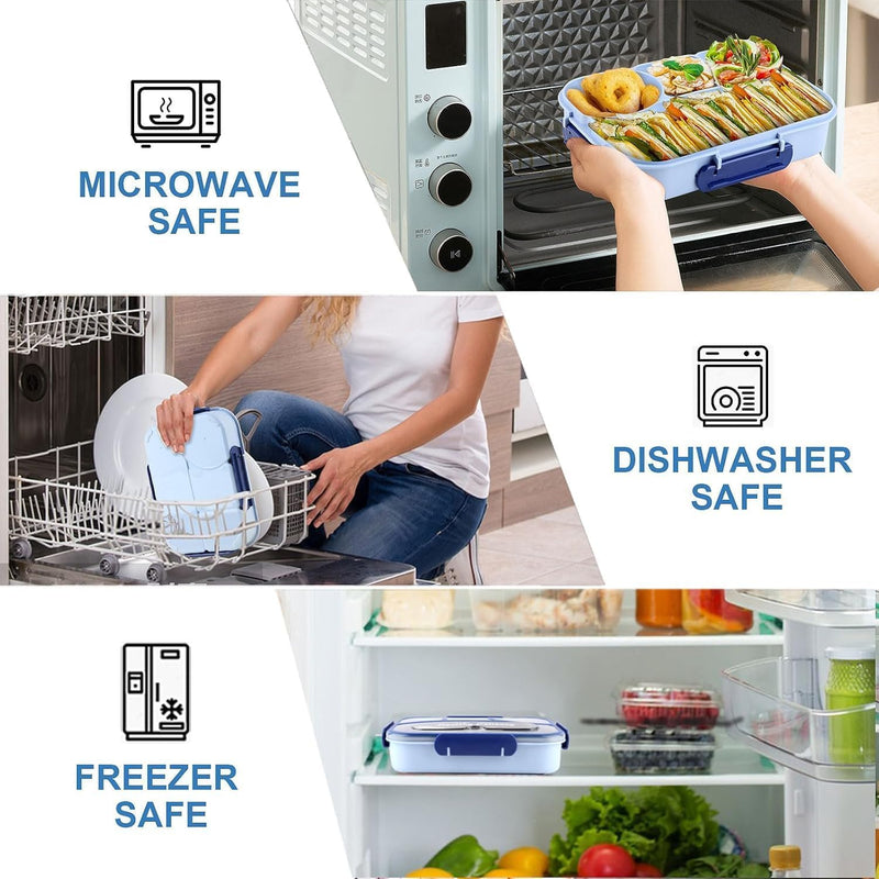 Bento Lunch Box, Microwave Safe Food Container with 4 Compartments & Fork, 1100ML, Leakproof Meal Prep for Men & Women, Reusable, 1 Pcs (Blue)