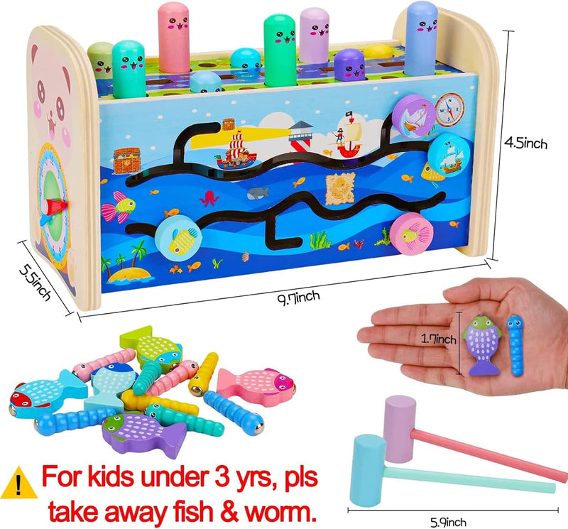 AM ANNA 7 in 1 Hammering Pounding Toys, Wooden Montessori Educational Fishing Game Xylophone Toys for 1 2 3 Year Old, Baby Sensory Developmental Fine Motor Skills Toddler Activities Age 1-4 Gifts