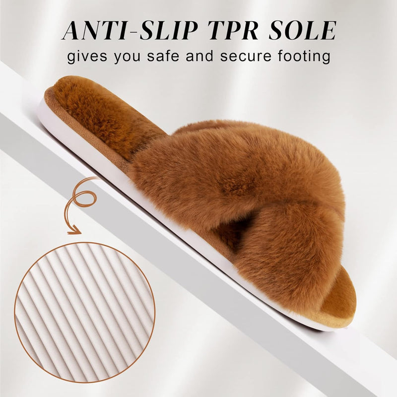 Women's Cross Band Slippers Soft Plush Furry Cozy Open Toe House Shoes Indoor Outdoor Faux Rabbit Fur Warm Comfy Slip On Breathable