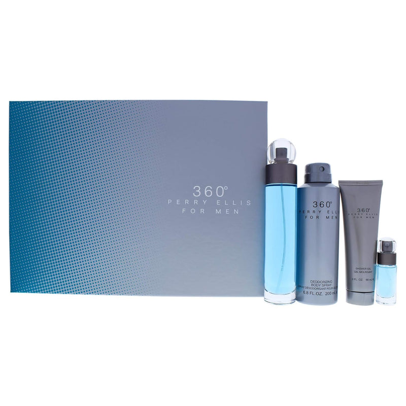 Perry Ellis 360 4 Pc Gift Set For Men - 3.4oz EDT Spray, 6.8oz Deodorizing Body Spray, 3.0oz Shower Gel, 0.25oz EDT Spray