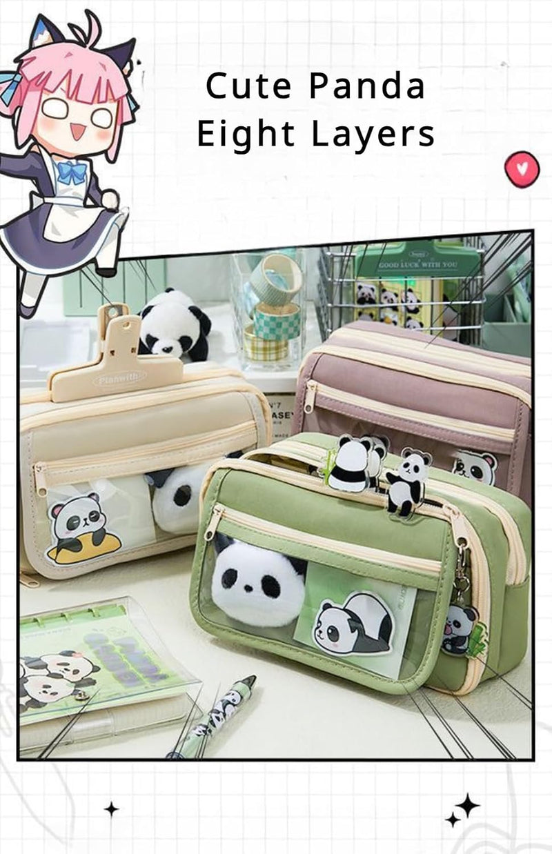Panda Pencil Case, Cute Panda Pencil Case Large Capacity, Adults Aesthetic, Kawaii Pencil Pouch Cute With Zipper Preppy Pen Bag With Gel Ink Pens, Clips, Stickers, Pin, Green