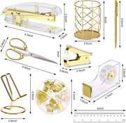 EOOUT Gold Office Supplies Set Desk Accessories, Acrylic Stapler Set Staple Remover, Phone Holder, Tape Holder, Pen Holder, 2 Ballpoint Pen, Scissor, Binder Clips, Ruler, Transparent Glue and Staples. - Gold