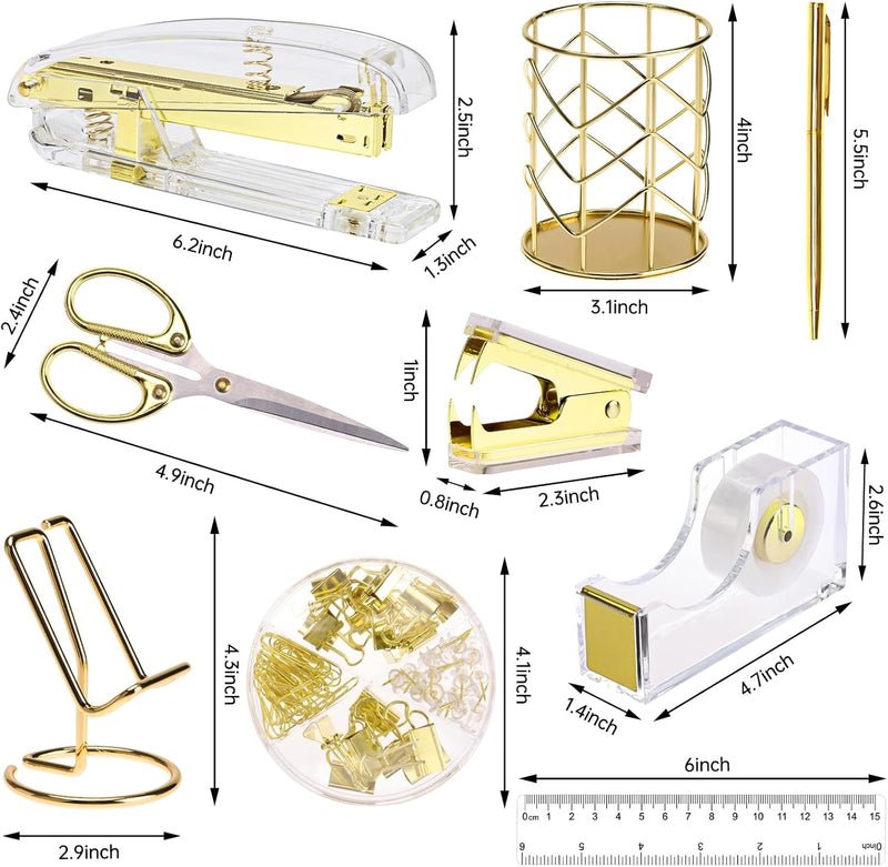 EOOUT Gold Office Supplies Set Desk Accessories, Acrylic Stapler Set Staple Remover, Phone Holder, Tape Holder, Pen Holder, 2 Ballpoint Pen, Scissor, Binder Clips, Ruler, Transparent Glue and Staples. - Gold