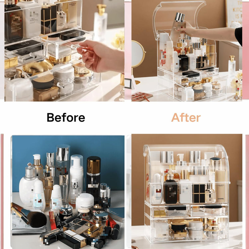 Kailecd Cosmetics Storage Box, Large Clear Makeup Organizer with Waterproof Dustproof Lid, Perfume Makeup Organizer with Spacious Drawers for Countertop, Bathroom, Dresser