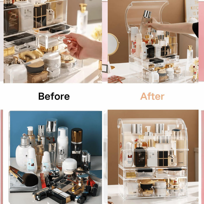 Kailecd Cosmetics Storage Box, Large Clear Makeup Organizer with Waterproof Dustproof Lid, Perfume Makeup Organizer with Spacious Drawers for Countertop, Bathroom, Dresser