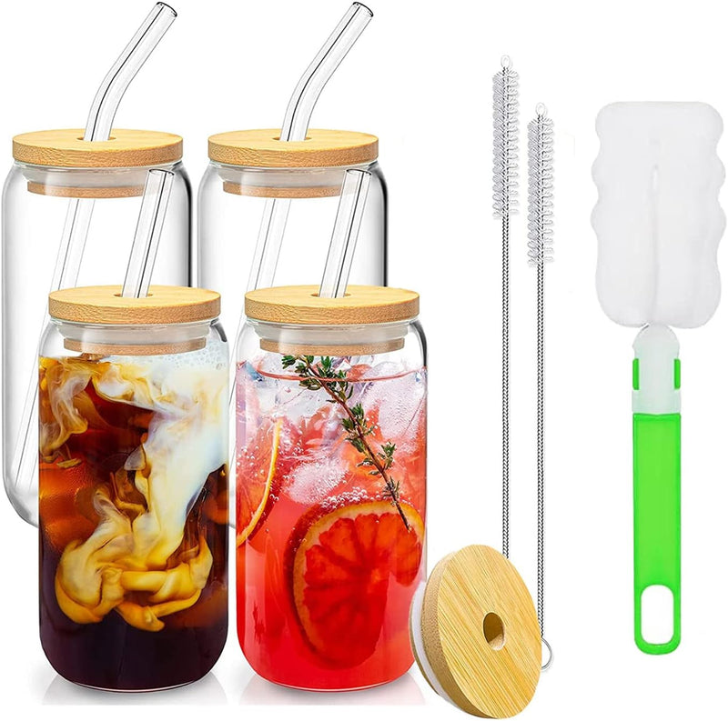 TAPIT Drinking Glasses with Bamboo Lids and Glass Straw, 13.5oz/17oz Beer Can Shaped Glass Cups, Tumbler Cup Ideal For Beer, Tea, Soda, Iced Coffee Include 2 Cleaning Brushes (2pcs,400ml*2)
