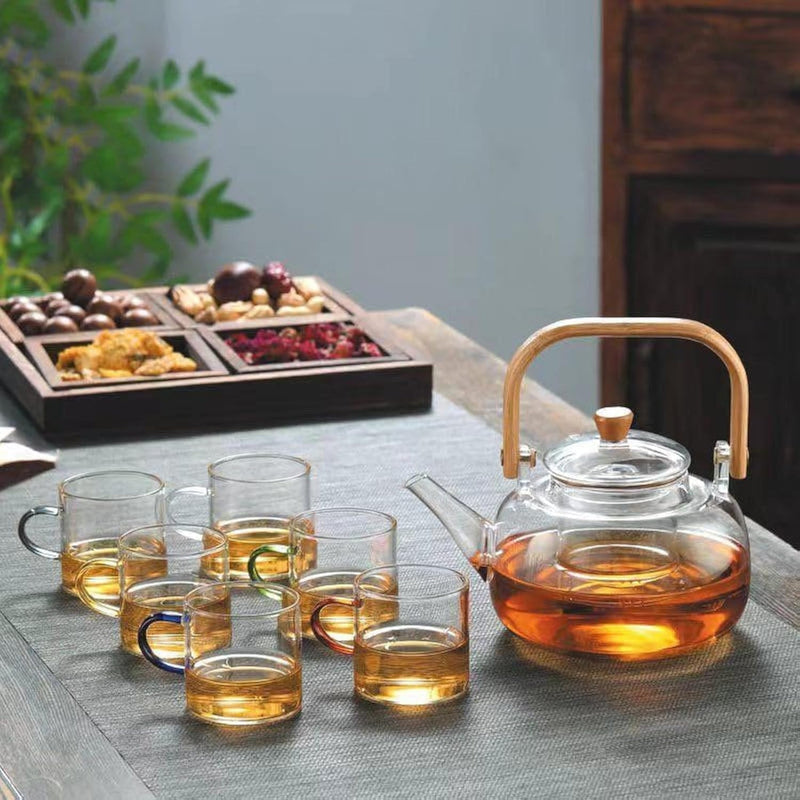 1L Borosilicate Glass Teapot Stovetop safe Loose Leaf and Blooming Tea Maker, Christmas GiftGlass Tea Kettle with Wooden Handle,Large Size for Women and Adult (clear) - teapot +6 cup