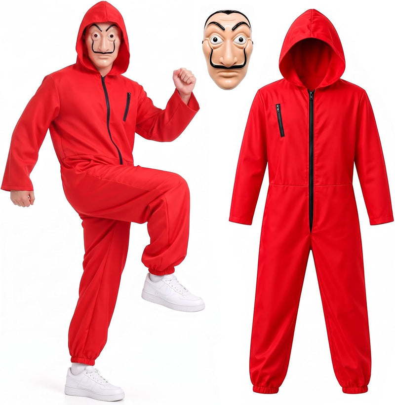 Unisex Adult Red Halloween Jumpsuit Clothing with Mask and Clothing, Great for Halloween Costume Role Cosplay Themed Party (S-XL) - S