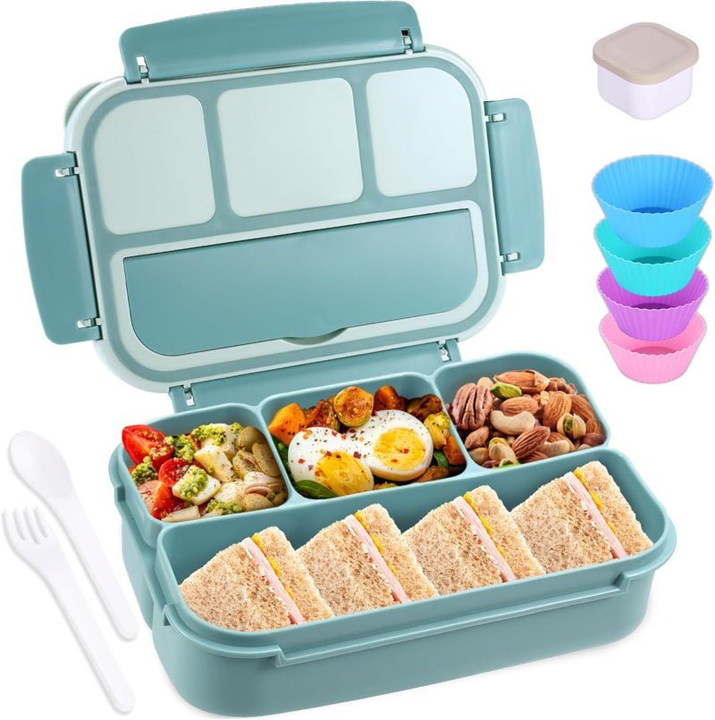Bento Box Adult Lunch Box, Containers for Adults Men Women with 4 Compartments, Lunchable Food Container with Utensils, Sauce Jar, Muffin Liners, 40 Oz/5 Cup, Microwave & Dishwasher Safe, Brown - Light Teal 1200ML