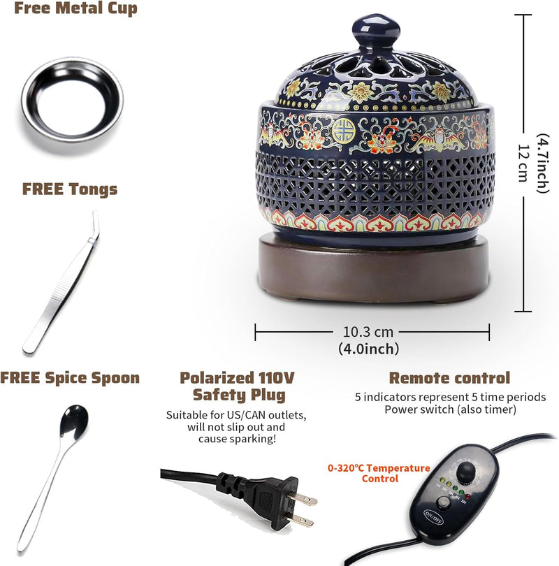 Ceramic Electric Incense Burner, Electronic Aroma Diffuser with Timing Temperature Adjustment and Cover, Resin Frankincense Burner, Used for Indoor Air Purification/Home Decoration/Meditation