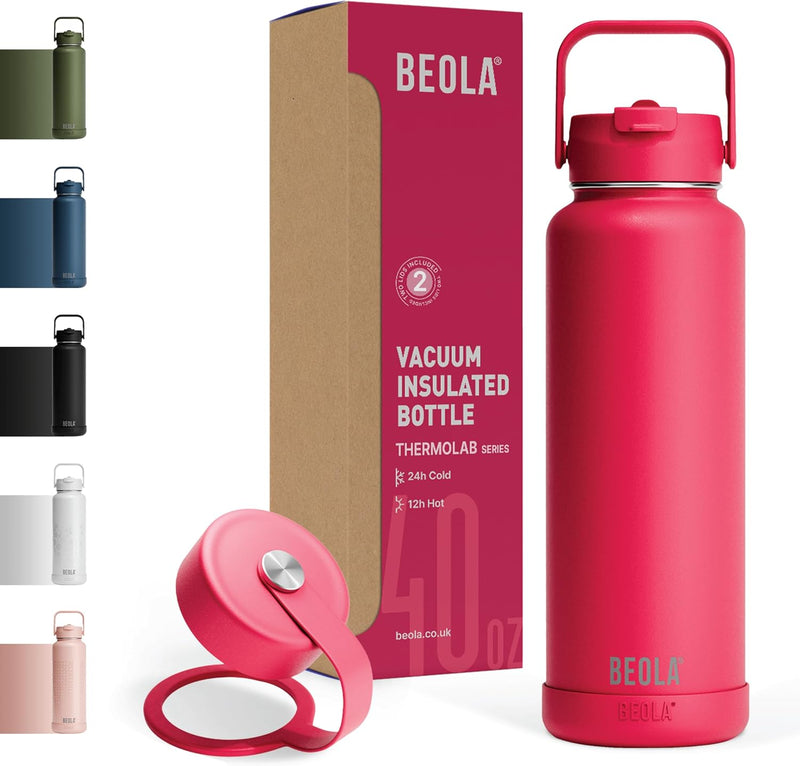 1200ml Water Bottle 18/8 Stainless Steel Double Wall Insulated Bottle, with Straw Lid and Wide Mouth, 2 lids included, Hot Cold Water Flask Sports Bottle, 40oz (Lava Gray) - Raspberry
