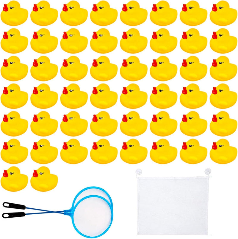 AYNKH 50PCS Rubber Ducky with Storage Mesh Bag, Float and Squeak Mini Small Yellow Ducks, Baby Shower Toy Party Decoration Fishing Game for Toddlers Boys Girls