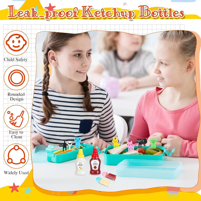 Kids Bento Box Accessories, 59-Piece Food Picks Set with Mini Condiment Bottles, Animal-Shaped Lunch Box Tools for School, Camping, Office, Includes Ketchup Dispensers, Soy Sauce Containers