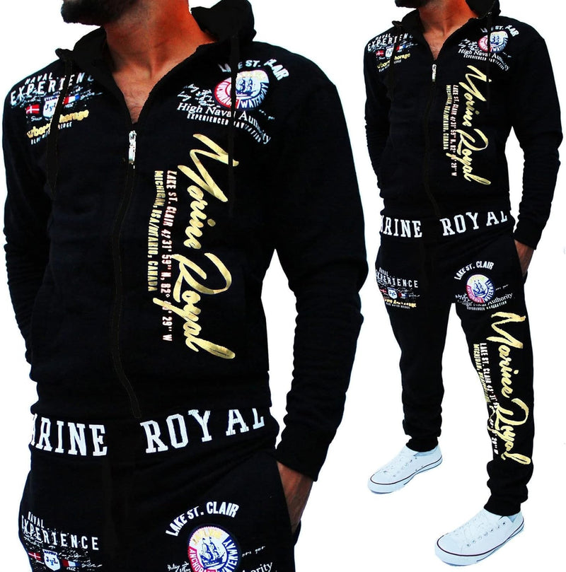 Men 's Casual Tracksuit Hooded Full Zip Elastic Waistband Sweatsuit Set - Black