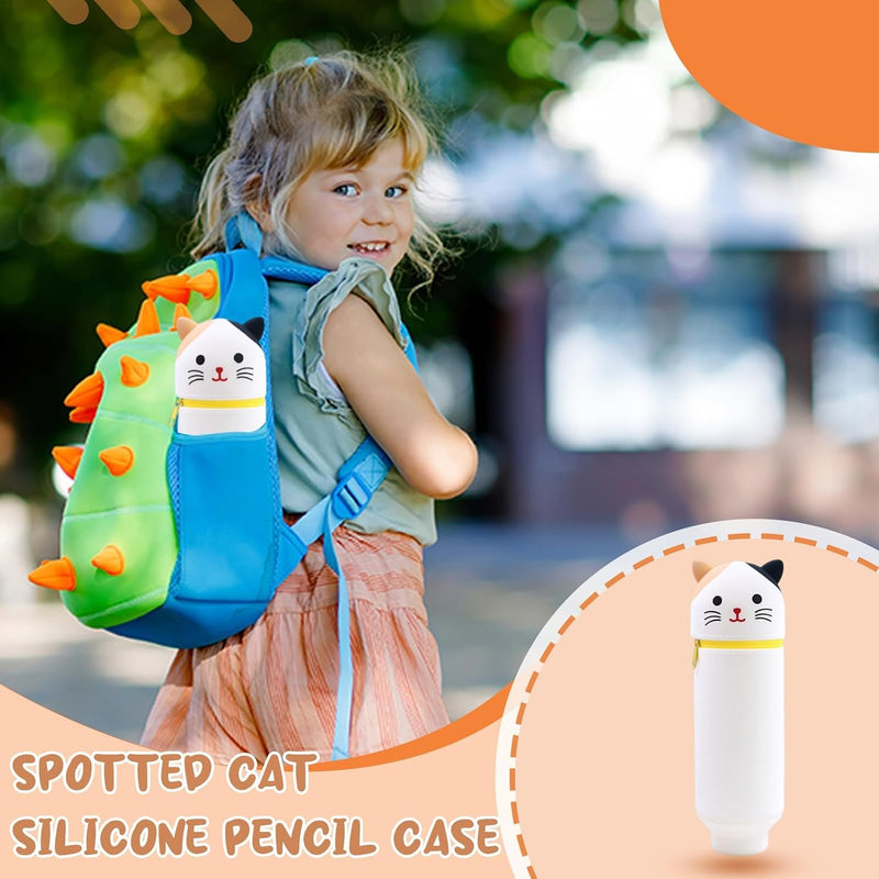 Bukela Kawaii Pencil Case 2-in-1 Silicone Pen Holder Soft Silicone Bag Dot Cat Design Pencil Case for Pencils Pen Storage for Girls and Boys Foldable and Waterproof White Dot Cats