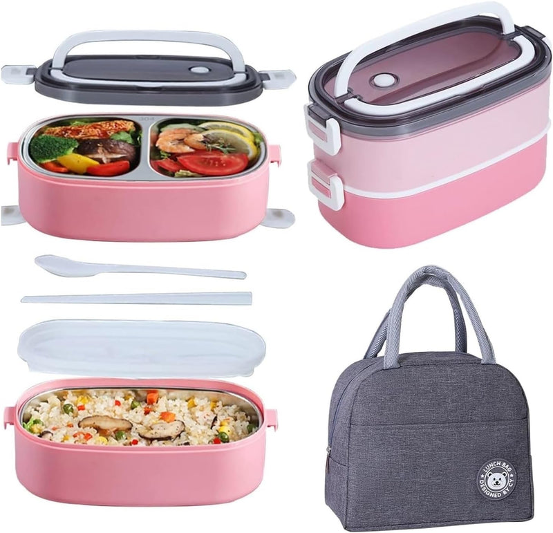 TAPIT Stainless Steel Lunch Box - Insulated Bento Box Multifunctional Containers Food Containers with 2 Compartments,Tableware, Nylon insulation bag (Grey) - Pink
