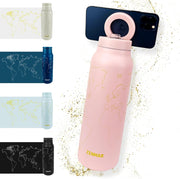 Kids Insulated Water Bottle 750ml Stainless Steel, Leakproof BPA-Free Straw Lid, Magnetic Phone Holder for Fun & Learning, World Map Design Pink Matte ZENMAR - Pink