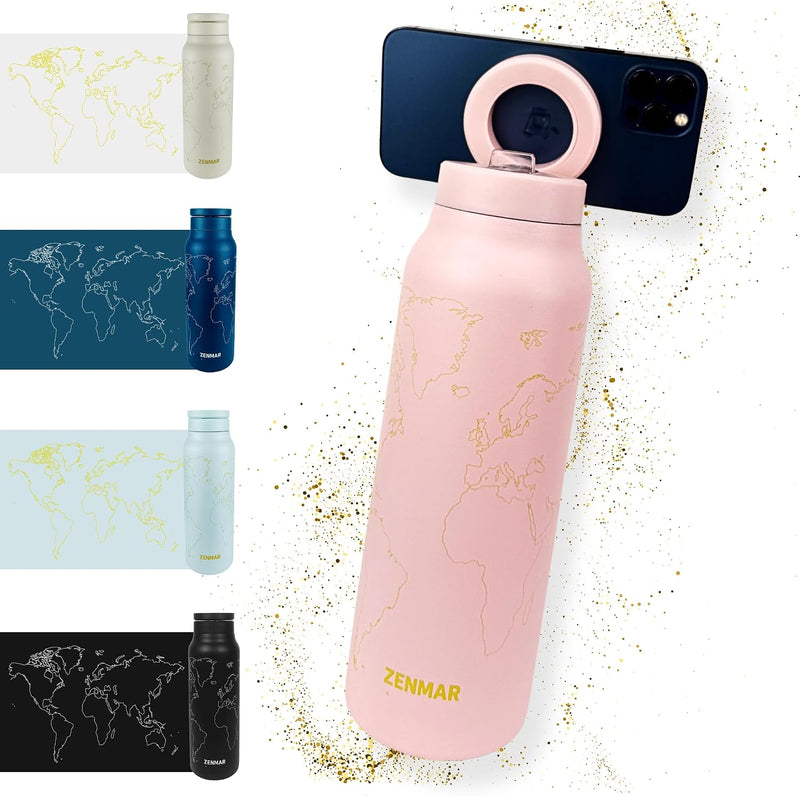 Kids Insulated Water Bottle 750ml Stainless Steel, Leakproof BPA-Free Straw Lid, Magnetic Phone Holder for Fun & Learning, World Map Design Pink Matte ZENMAR - Pink