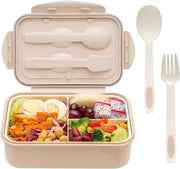YumLock Bento Box, 3 Compartments 1400ml Lunch Box For Kids and Adults with Reusable Spoon and Fork, Leakproof Food Container for On the Go Meal, Microwave Safe (Pink) - Khaki