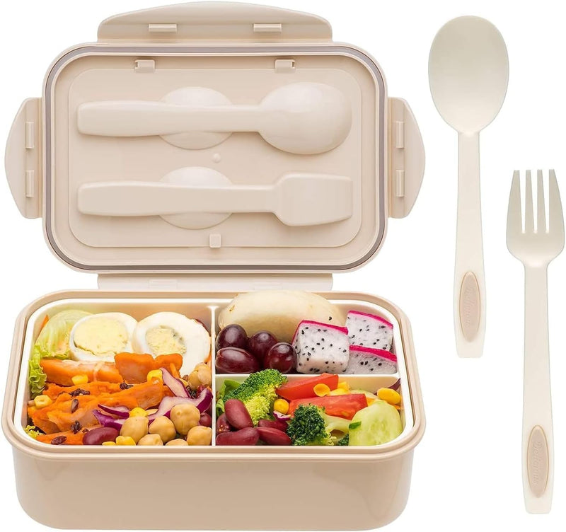 YumLock Bento Box, 3 Compartments 1400ml Lunch Box For Kids and Adults with Reusable Spoon and Fork, Leakproof Food Container for On the Go Meal, Microwave Safe (Pink) - Khaki