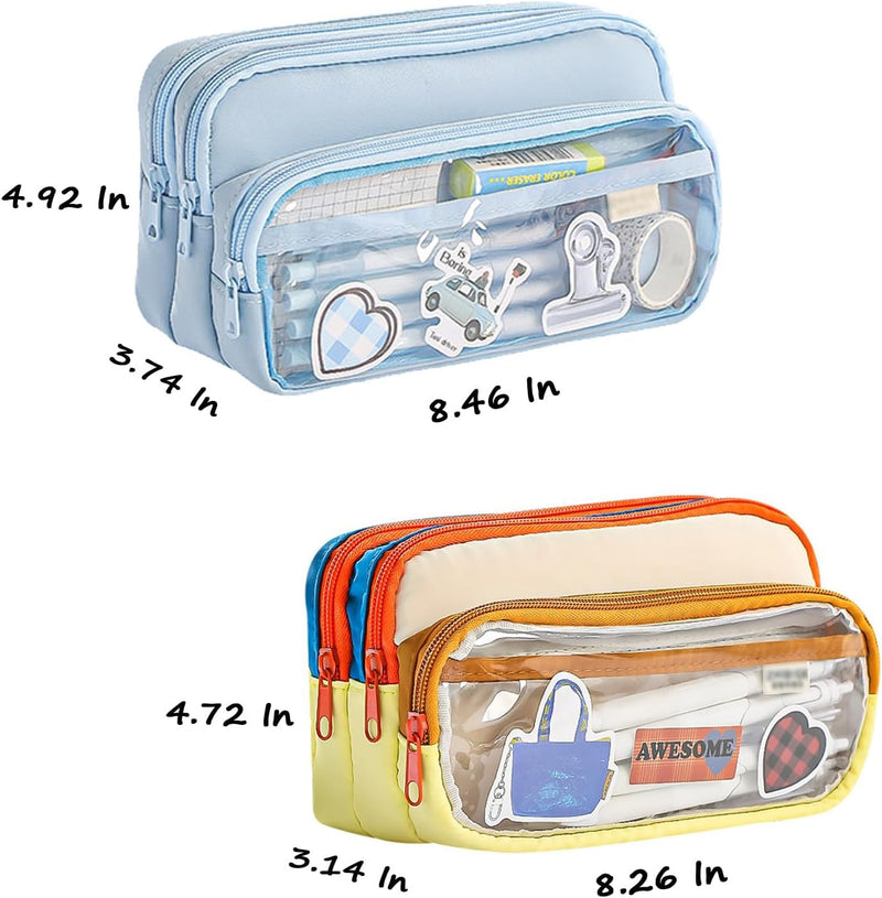 Large Capacity Pencil Case, 3 Compartment Storage Organizer, Canvas Zipper Pencil Pouch for Pens Markers and Tools, Cute Stationery Bag for Women and Girls, Beige