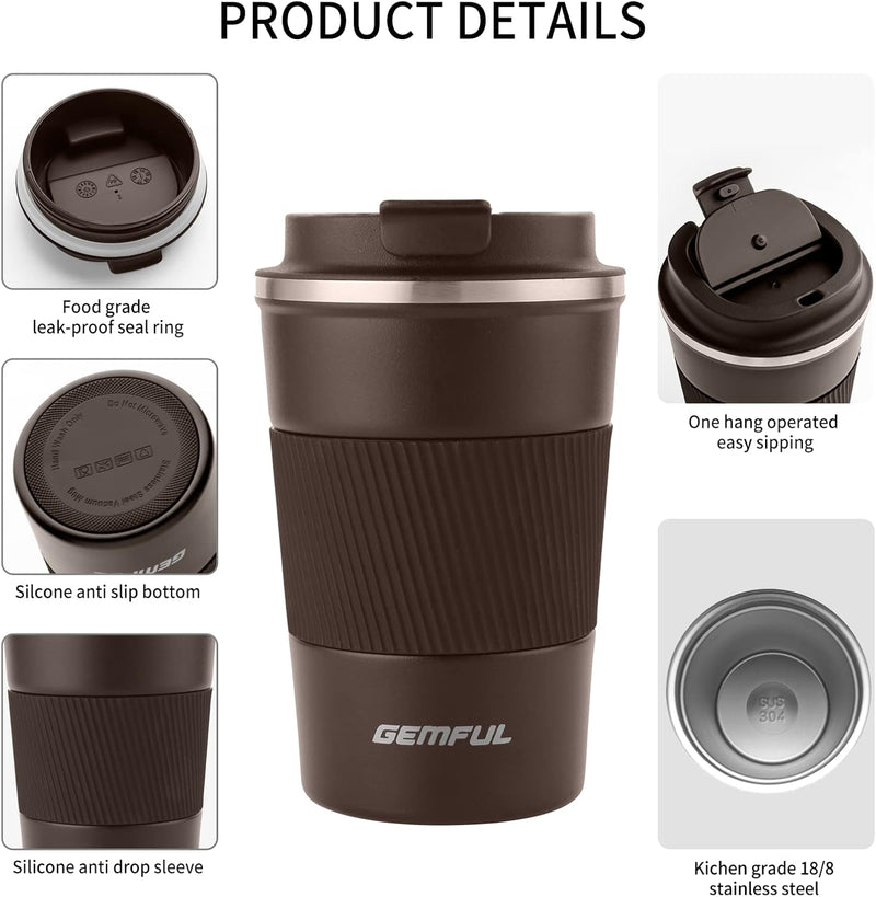 GEMFUL Travel Coffee Mug Stainless Steel Vacuum Ice and Hot Drinks Insulated Tumbler for Home Office Outdoor Works, 380ml, Pink