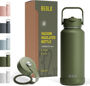 950ml Water Bottle 18/8 Stainless Steel 304 Double Wall Insulated Thermos Bottle with Straw Lid and wide mouth, 2 lids included, Hot Cold Liquids Sports Bottle, 32oz - Forest Green