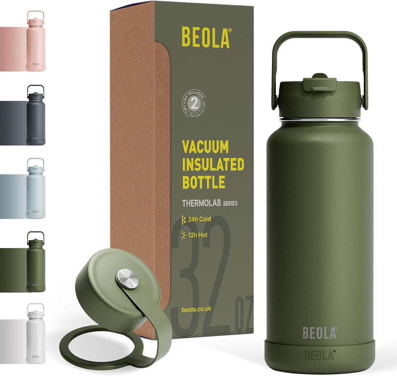950ml Water Bottle 18/8 Stainless Steel 304 Double Wall Insulated Thermos Bottle with Straw Lid and wide mouth, 2 lids included, Hot Cold Liquids Sports Bottle, 32oz - Forest Green
