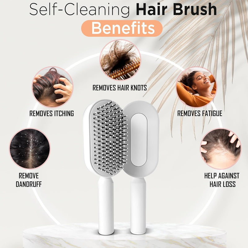 Mariyabâ„¢ Self Cleaning Hair Brush-New 3D Air Cushion Brush for Detangling-Scalp Massager-Hair Brush with Nylon Bristles for All Hair-Easy Clean Hair Brush for Women & Men (White)
