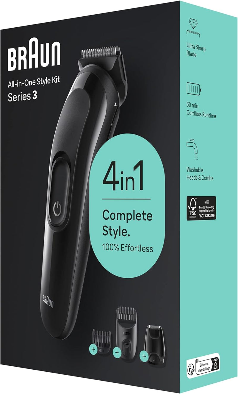 Braun All-In-One Style Kit Series 3 SK3400, 4-in1 Face & Head Trimming Kit, Ultra Sharp Blade, Rechargeable 50 Mins Cordless Runtime - Black