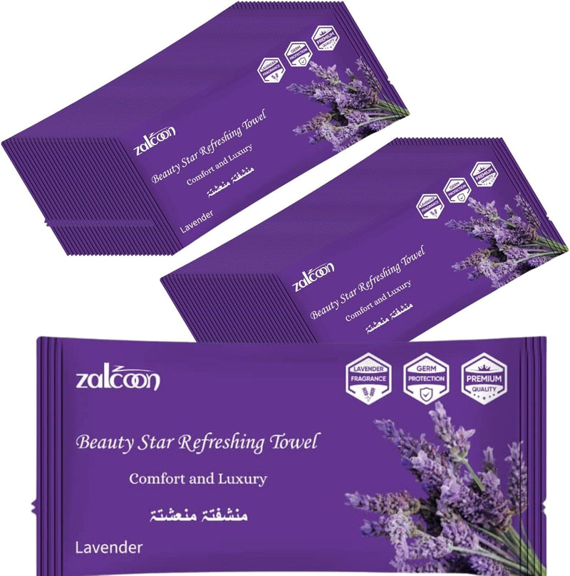 Refreshing Towel Wipes, Cotton Refreshment White Towels (25 Packs, 23x23cm) Mildly Scented Pre-moistened Towels to Use Hot or Cold - Lemon Scent - Lavender 50