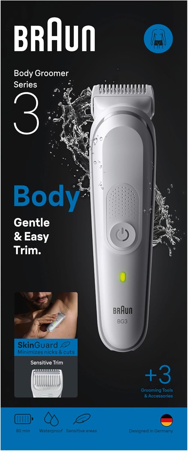 Braun Bodygroomer Series 3, +3 Accessories, Extra Skin Protection, 80 Min Battery Life, Gentle Shaving & Trimming, Waterproof, BG3530, Grey - + 3 attachments