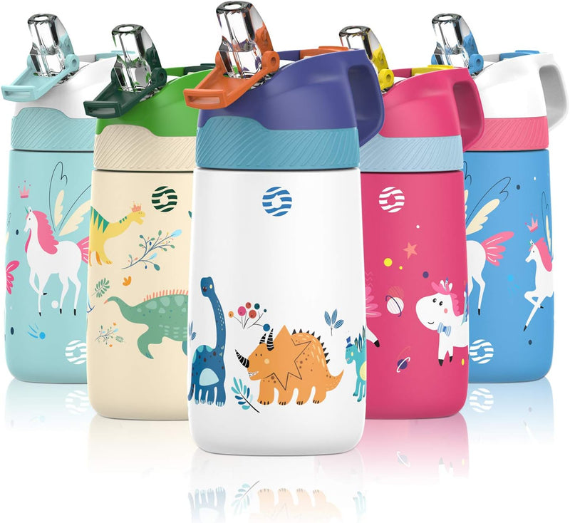 Kids Stainless Steel Water Bottles with Straw, 12 oz Leak Proof Insulated Water Bottle Double Wall Keep Hot Cold Drinks Thermos Toddler Bottle with Handle BPA-Free for School - Blueberry Dinosaur