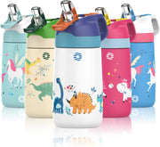 Kids Stainless Steel Water Bottles with Straw, 12 oz Leak Proof Insulated Water Bottle Double Wall Keep Hot Cold Drinks Thermos Toddler Bottle with Handle BPA-Free for School - Blueberry Dinosaur