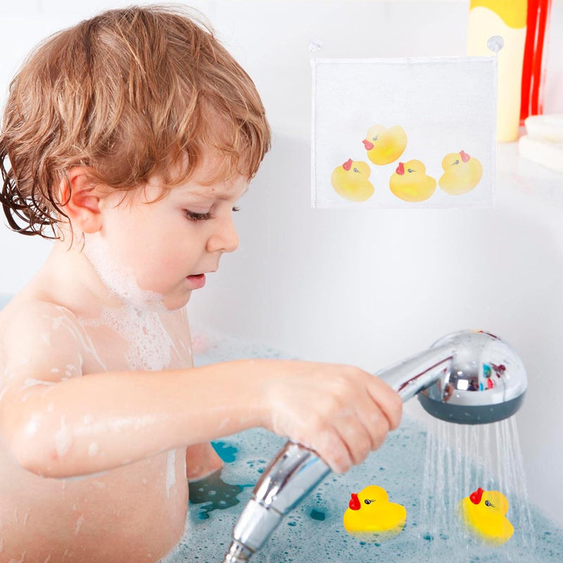 AYNKH 50PCS Rubber Ducky with Storage Mesh Bag, Float and Squeak Mini Small Yellow Ducks, Baby Shower Toy Party Decoration Fishing Game for Toddlers Boys Girls