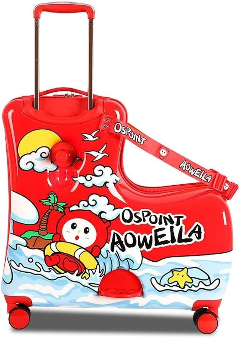 Kids Luggage Traveling Ride-On Suitcase, Children's Unique Design Ride-On Luggage - Available in 20-Inch and 24-Inch Sizes (Suprised Duck Yellow, 24inch) - 24inch Red Surfing