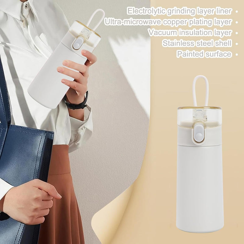Small Water Bottle with Straw, Mini Thermos Flask, for Hot and Cold Drinks, Leak-Proof Lid, Stainless Steel, One-Hand Open, 150ml, Portable for Coffee, Milk, Juice, White