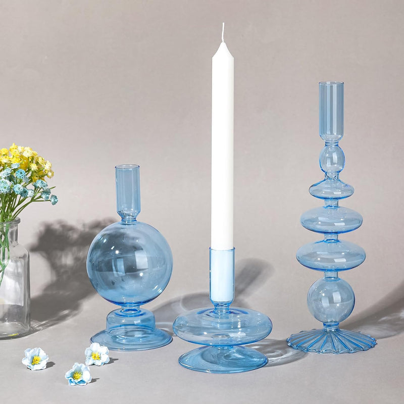 Rtteri 3 Pcs Glass Candlestick Holders Glass Taper Candle Holders Groovy Candlestick Wavy Glass Candlestick Holders Elegant Glass Candlestick Glass Vases for Home Party Centerpiece (Green)