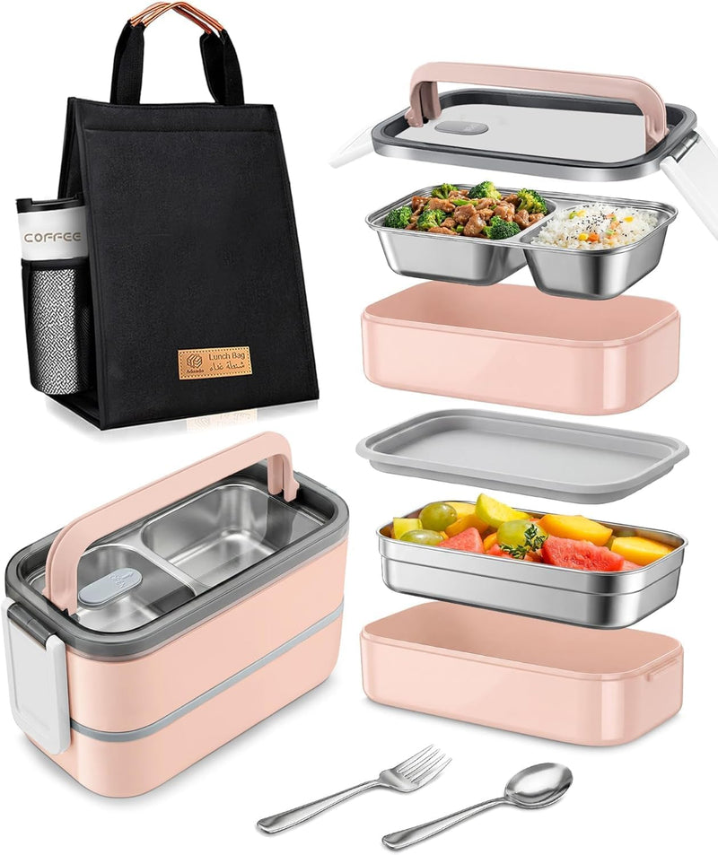 Stainless Steel Lunch Box: 1100ml 2-Layer Insulated Bento Lunch Box for Adults and kids - 304 Lunch Containers Insulated Leakproof with Tableware & Bag - Microwave & Dishwasher Safe (Khaki) - pink