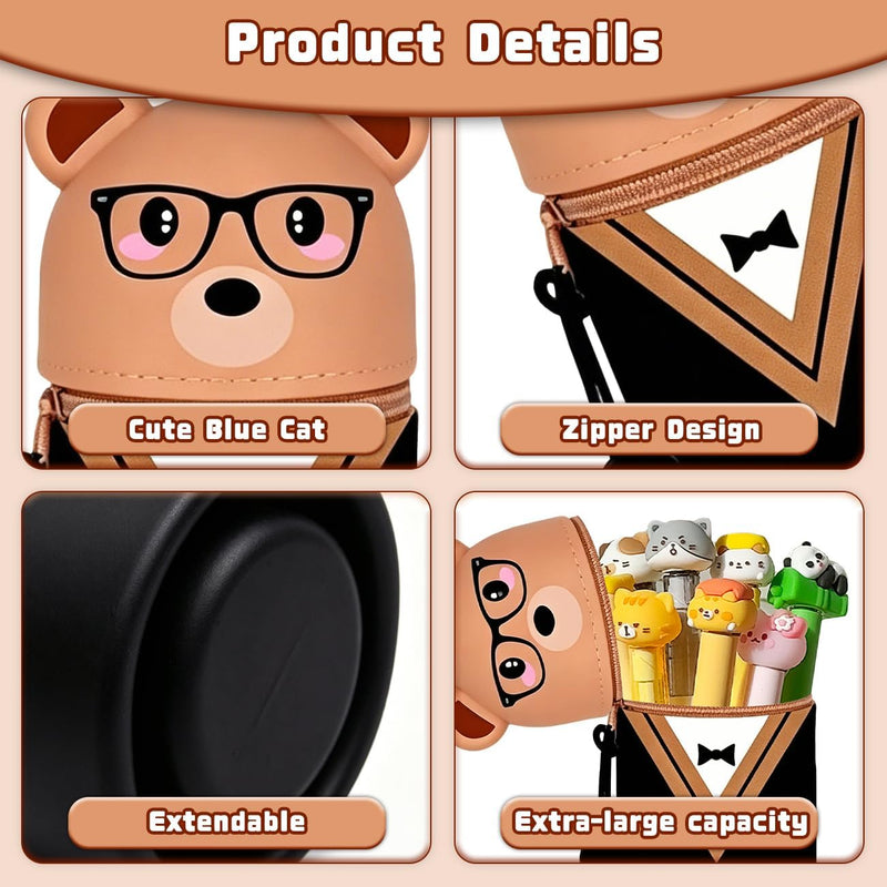Kawaii Silicone Pencil Case, Cute Cartoon Bear Pencil Case, Soft Pencil Case Zip, Waterproof Silicone Pencil Case for School and Office (6.5 x 22.5 cm)
