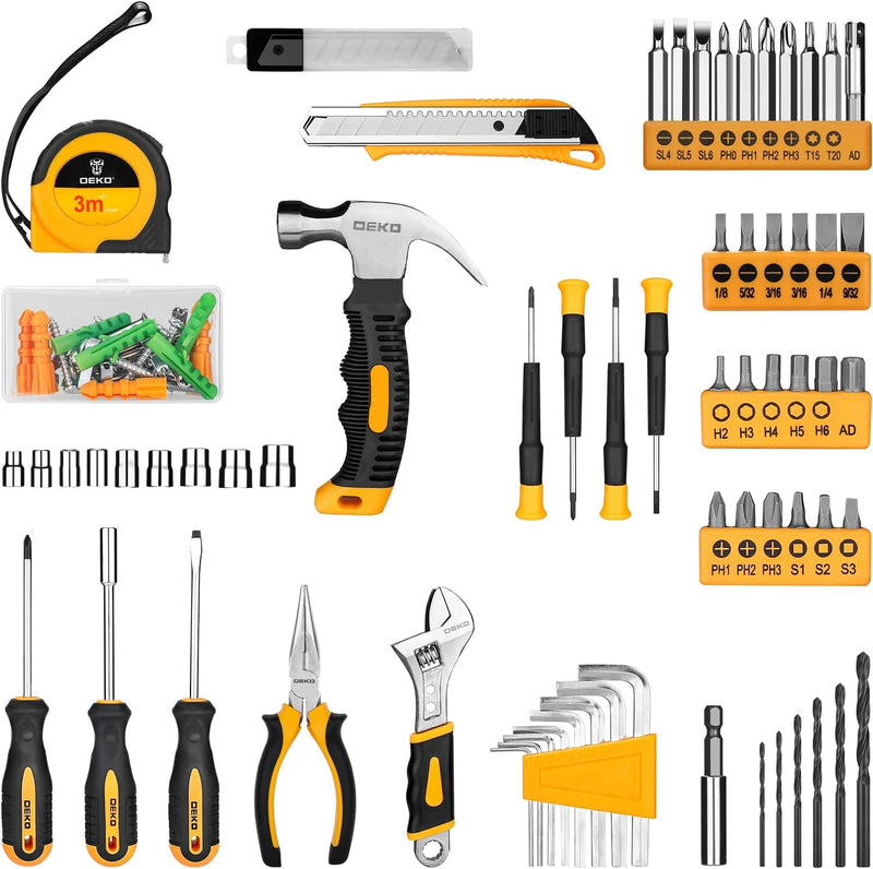DEKOPRO 126-Piece Power Tool Combo Kit with 8V Cordless Drill, NiMh Battery, 10MM 3/8'' Keyless Chuck, DIY Hand Tools for Garden, Office, House Repair - Yellow