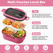 Bilayer Bento Box for Kid,Lunch Box with Reusable Spoon,Fork, 5 Compartments 1200ML Lunch Container Drop-Proof,Handheld Design for Adults, Kids(Red) - Red