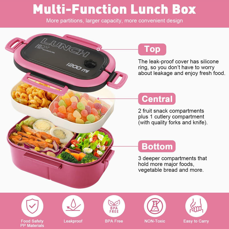 Bilayer Bento Box for Kid,Lunch Box with Reusable Spoon,Fork, 5 Compartments 1200ML Lunch Container Drop-Proof,Handheld Design for Adults, Kids(Red) - Red