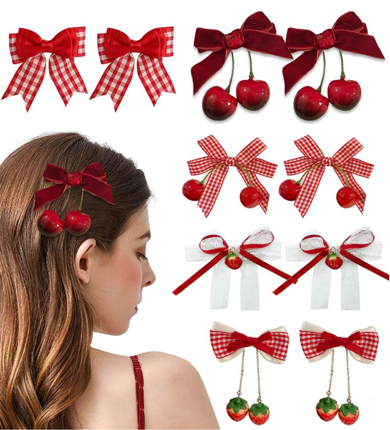 KWSLIN 10 Pack Cherry Strawberry Bow Hair Clip, Cute Red Alligator Clips Bow Bow Hairpin Ponytail Hair Accessories Fruit Hair Barrettes for Kid Teen Girls Women, 5 Style