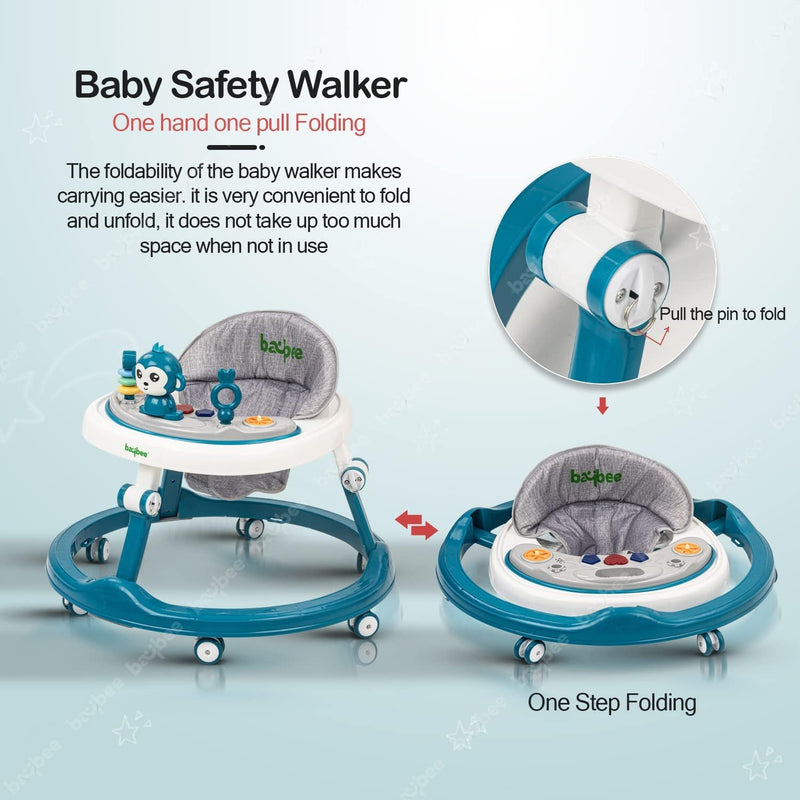 Baybee Drono Baby Walker for Kids, Round Kids Walker with 4 Seat Height Adjustable | Activity Walker for Baby with with Food Tray & Musical Bar | Walkers for Baby Boys Girls (Blue)