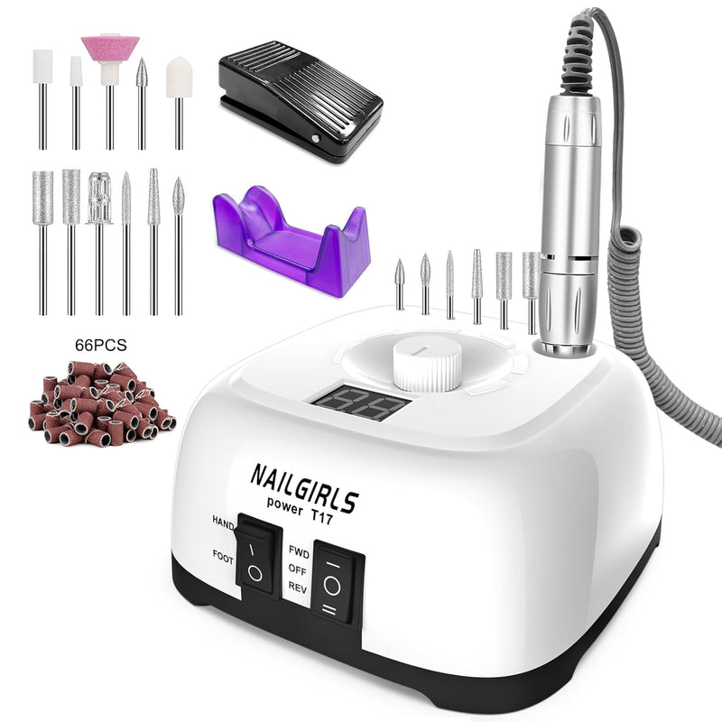 NAILGIRLS Electric Nail Drill, 11 in 1 Nail Drill Set Electric Nail Files Professional 35000RPM Acrylic Nails Gel Nails Manicure Pedicure Polishing Machine for Home and Salon Use with Foot Pedal,White