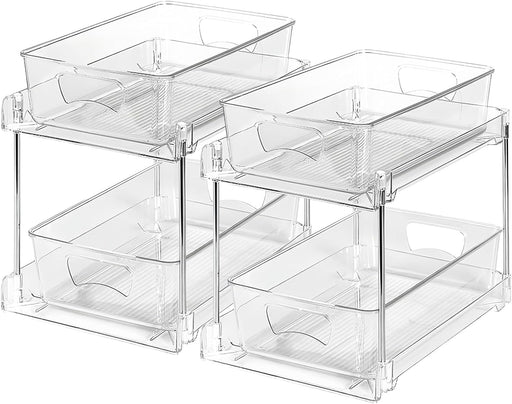SKY-TOUCH 2 PACK Pull-Out Kitchen and Bathroom Storage Organizer, 2 Tier Clear Under Sink Organizers Vanity Counter Storage Container, Pull-Out Organization with Track for Pantry, Kitchen