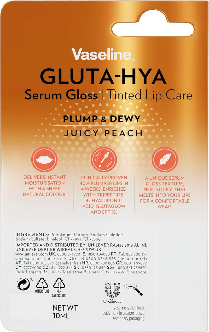 GlutaHya Serum Gloss Tinted Lip Care Juicy Peach Hyaluronic Acid & Glutathione for Plump Dewy Lips Instant Moisturisation, SPF 15, NonSticky 10 ml